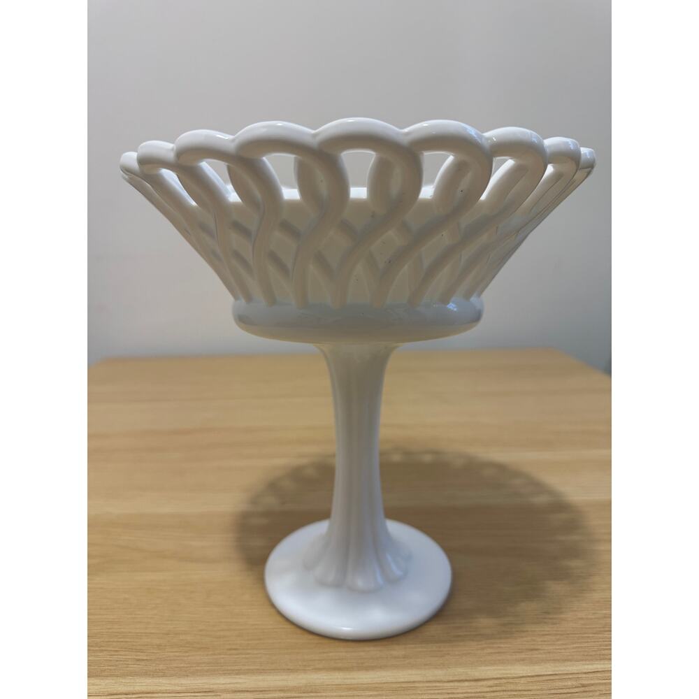 Milk Glass Pedestal Compote Bowl with a Lace Edge VINTAGE